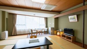 ローテーブル、椅子、テレビのある畳の客室