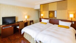 Lits jumeaux à côté d’un bureau et d’une télévision dans la chambre