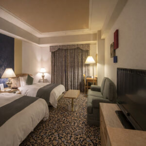 Lits jumeaux dans une chambre avec chaises et télévision