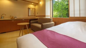 Bed with sofa and window in guest room