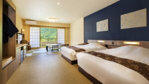Twin beds in a ryokan guest room
