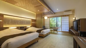 Twin beds in a ryokan guest room