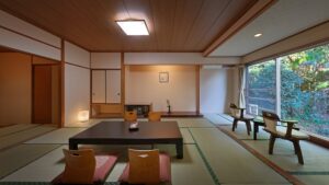 低いテーブルと窓際の椅子がある畳の部屋
