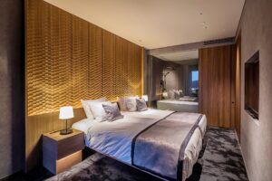 带大床和玻璃后方浴缸的卧室