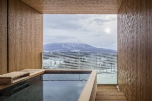 透过玻璃墙可欣赏山景的私人浴池