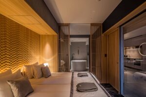 面向独立式浴缸的沙发休息区