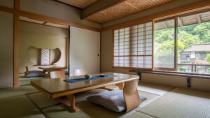 낮은 탁자와 방석이 있는 다다미방