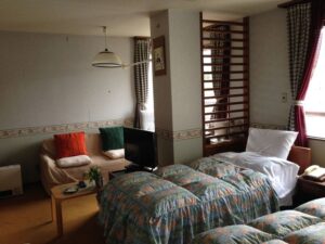 Camas individuales y pequeña zona de estar en la habitación