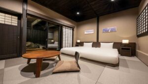 Bedroom with low bed and round table