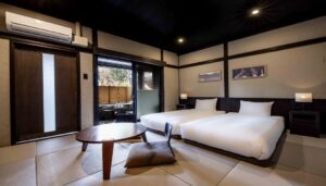 Twin beds in a tatami guest room