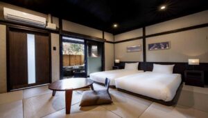 Two beds in a tatami-style guest room