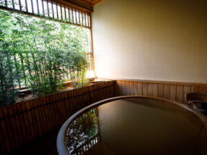 Private indoor bath beside a window with bamboo.