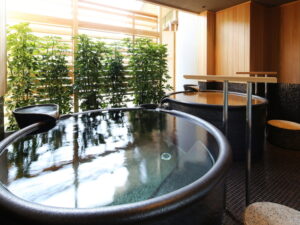 Private round soaking tubs by a window