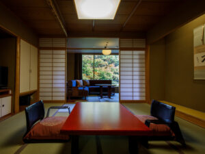 Tatami room with low table and floor chairs