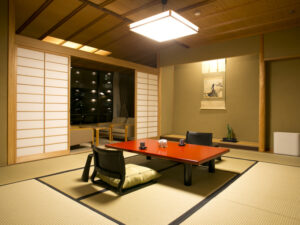 Tatami room with low table and floor chairs