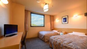 Zweibettzimmer mit Fenster und Fernseher