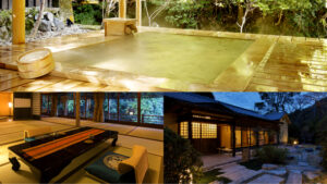 Collage aus Bad, Sitzbereich und Ryokan-Außenansicht