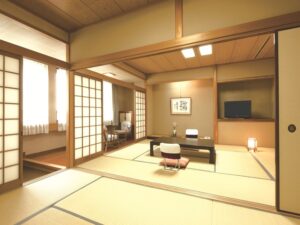 Tatami-Zimmer mit niedrigem Tisch und Bodenstühlen