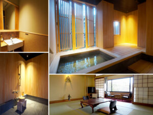 Collage of bathroom, bath, and tatami room images