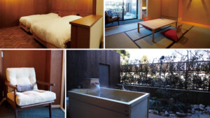 Collage of bed, tatami room, chair, and outdoor bath