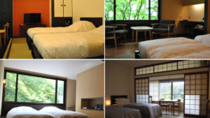 Collage of guest rooms with twin beds and window seating