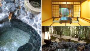 Collage of hot spring baths and tatami room