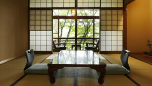 Tatami room with low table and floor chairs