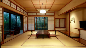 Tatami room with low table and floor chairs