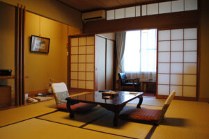 Tatami room with low table and floor chairs