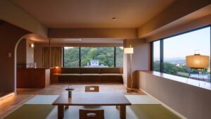 Tatami room with low table and window bench seating