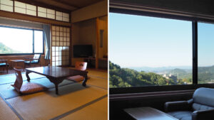 Tatami room with low table and window seating area