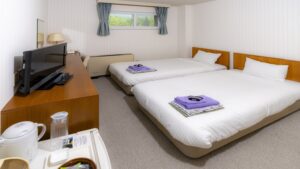 配有电视和茶具的客房中的双床