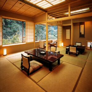 配有矮桌和坐垫椅的榻榻米房间