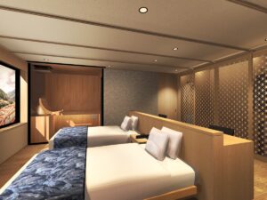 Deux lits dans une chambre d’hôtes moderne de ryokan