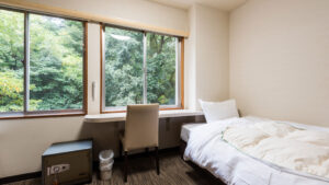 Cama individual junto a un escritorio y una ventana grande