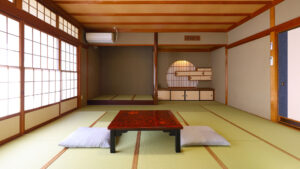 Habitación de tatami con mesa baja y cojines de suelo