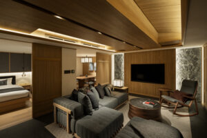 Wohnbereich mit Sofas, Sessel und Fernseher