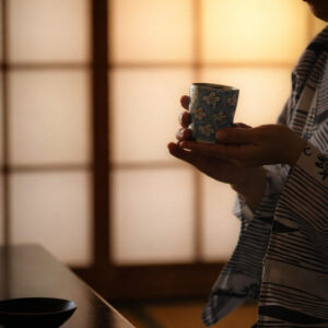 Personne en yukata tenant une tasse de thé