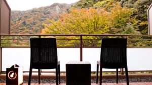 Sillas de balcón frente a árboles otoñales y vista de la ladera