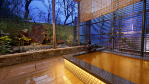 Baño privado al aire libre junto a un biombo de jardín
