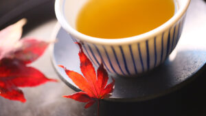 Une tasse de thé avec des feuilles d’érable rouges