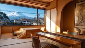 Vista sul Monte Fuji da una camera con tatami