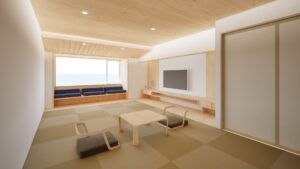 Camera in tatami con tavolo basso e panca accanto alla finestra
