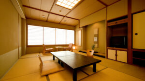 Tatami room with low table and floor chairs