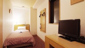 狭窄客房内的单人床和电视