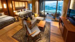 트윈 침대, 소파, 발코니 전망이 있는 객실