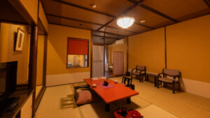 Tatami room with low table and floor chairs