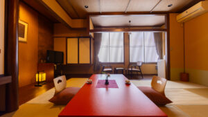 Tatami room with low table and floor cushions
