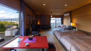 Twin beds in a tatami guest room