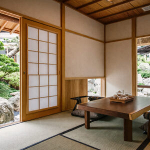 带矮桌和花园景观的榻榻米休息区